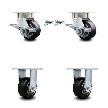 4 Inch Kingpinless Rubber on Aluminum Caster Brake & Swivel Lock 2 Rigid, 2PK